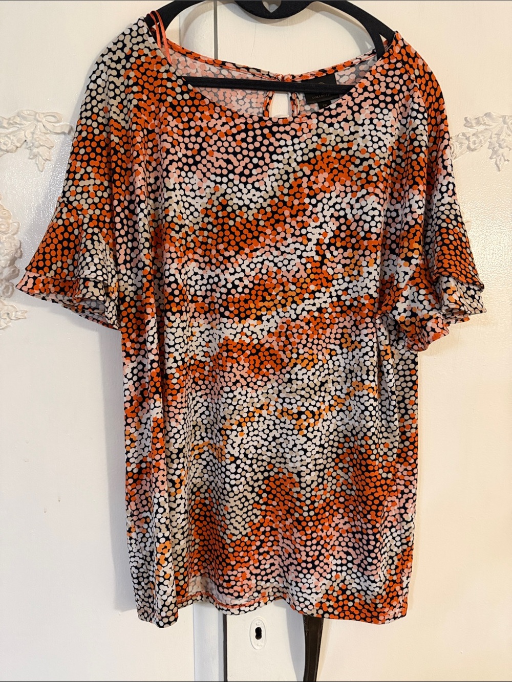 JM Collection Orange, Black & White Short Sleeve Polka Dot Top